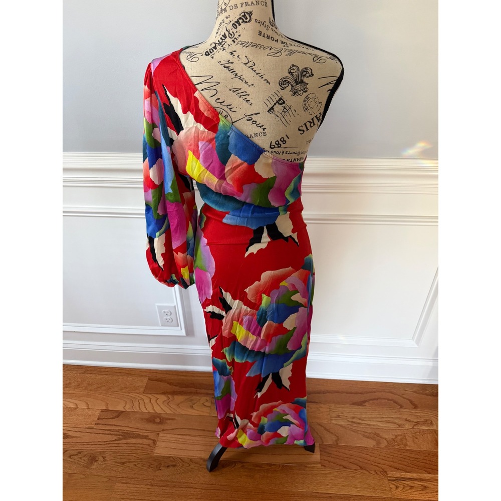 Farm Rio One Shoulder Dress Anthropologie Abstract Floral Midi Slit Size Small - Picture 9 of 14